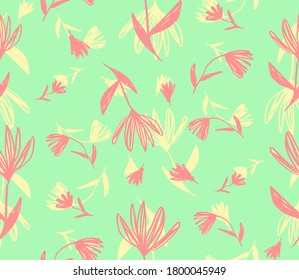 Hand Drawing Abstract Exotic Flowers and Leaves Sketch Repeating Vector Pattern Isolated Background