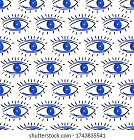 Hand Drawing Abstract Eyes Doodle Repeating Vector Pattern Isolated Background