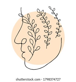 Hand drawing abstract female portrait line art isolated on white background. Modern vector illustration with geometric shapes. Eyes, lips and floral outline art.