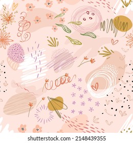 Hand drawing abstract floral seamless pattern. Pink doodle elements with scribble textures for cards, wrapping or fabric.