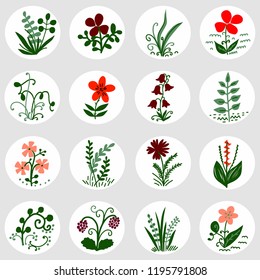 Hand drawing, abstract flowers, separate elements, set, multi-colored, vector illustration