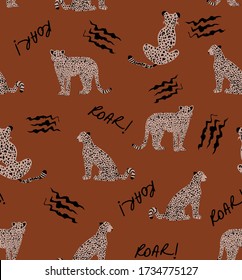 Dibujo manual Resumen Leopardo leopardo león repitiendo patrón de vectores animales con texto ruidoso y garrapatas aisladas fondo