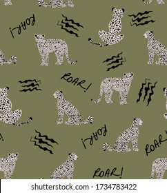 Hand Drawing Abstract Leopard Cheetah Lion Repeating Animal Vector Pattern with Roar Text and Claw Scratches Isolated Background
