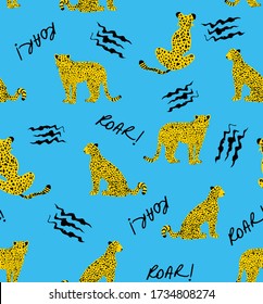 Hand Drawing Abstract Leopard Cheetah Lion Repeating Animal Vector Pattern with Roar Text and Claw Scratches Isolated Background