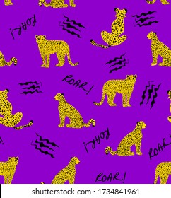 Hand Drawing Abstract Leopard Cheetah Lion Repeating Animal Vector Pattern with Roar Text and Claw Scratches Isolated Background