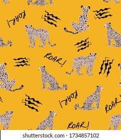 Hand Drawing Abstract Leopard Cheetah Lion Repeating Animal Vector Pattern with Roar Text and Claw Scratches Isolated Background