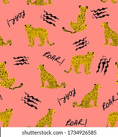 Dibujo manual Resumen Leopardo leopardo león repitiendo patrón de vectores animales con texto ruidoso y garrapatas aisladas fondo