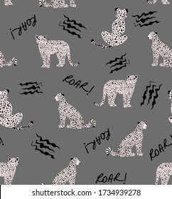 Hand Drawing Abstract Leopard Cheetah Lion Repeating Animal Vector Pattern with Roar Text and Claw Scratches Isolated Background