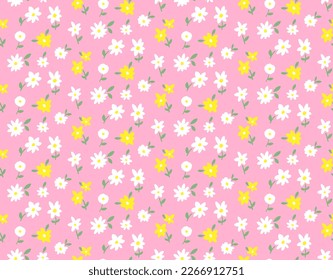 Hand Drawing Abstract Mini Ditsy Flowers and Leaves Repeating Vector Pattern Isolated Background