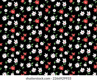 Hand Drawing Abstract Mini Ditsy Flowers and Leaves Repeating Vector Pattern Isolated Background