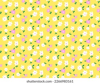 Hand Drawing Abstract Mini Ditsy Flowers and Leaves Repeating Vector Pattern Isolated Background