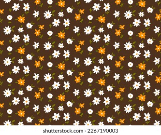 Hand Drawing Abstract Mini Ditsy Flowers and Leaves Repeating Vector Pattern Isolated Background