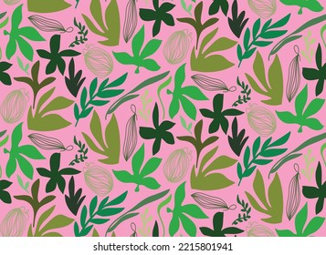 Hand Drawing Abstract Mix Tropical Exotic Leaves and Branches Repeating Vector Pattern Isolated Background