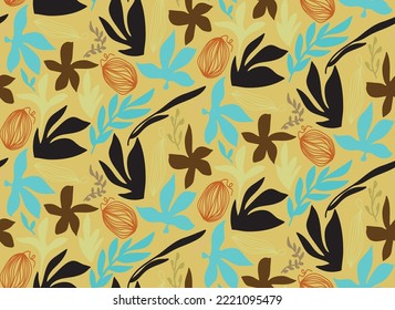 Hand Drawing Abstract Mix Tropical Exotic Leaves and Branches Repeating Vector Pattern Isolated Background