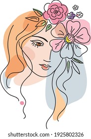 Hand drawing abstract portrait of  young woman with flowers.