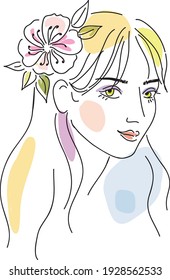 Retrato abstracto de dibujo manual de una joven con flores.