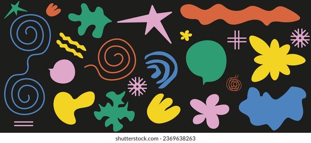 Hand drawing abstract Trendy Shapes. Set of Organic Shapes. Funky loop, flowers, star, mushroom, bubble, line, rainbow in y2k style. Vector Art