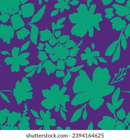 Hand Drawing Abstract Two Colors  Exotic Peony Poppy Mix Flowers and Leaves Repeating Vector Pattern Isolated Background
