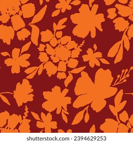 Hand Drawing Abstract Two Colors  Exotic Peony Poppy Mix Flowers and Leaves Repeating Vector Pattern Isolated Background