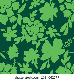 Hand Drawing Abstract Two Colors  Exotic Peony Poppy Mix Flowers and Leaves Repeating Vector Pattern Isolated Background