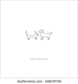 Hand drawing abstract valentine's day romantic greeting card. A fox and a dog with a red heart in the center looking each other on white. For love cards, banners, posters. Vector illustration.