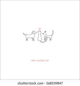 Hand drawing abstract valentine's day romantic greeting card. A dog, a cat and a fox with a red heart in the center looking each other on white. For love cards, banners, posters. Vector illustration.