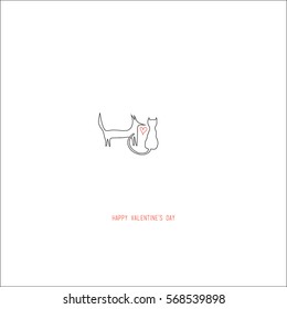 Hand drawing abstract valentine's day romantic greeting card. A fox and a cat with a red heart in the center isolated on a white background. For love cards, banners, posters. Vector illustration.