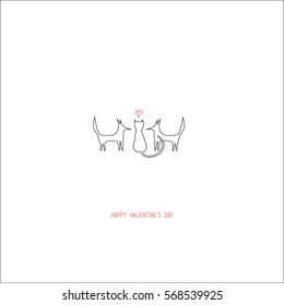 Hand drawing abstract valentine's day romantic greeting card. A couple of foxes and a cat with a heart looking each other isolated on white. For love cards, banners, posters. Vector illustration.