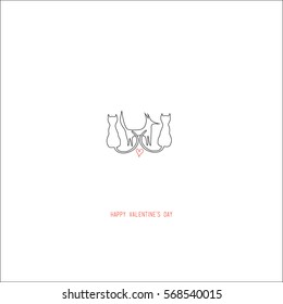 Hand drawing abstract valentine's day romantic greeting card. A couple of cats and a fox with a red heart in the center isolated on white. For love cards, banners, posters. Vector illustration.