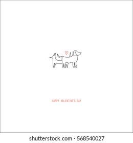 Hand drawing abstract valentine's day romantic greeting card. A fox and a dog with a red heart in the center isolated on a white background. For love cards, banners, posters. Vector illustration.