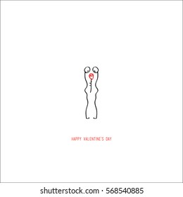 Hand drawing abstract valentine's day romantic greeting card. A lesbian gay couple with a flower looking each other isolated on white background. For love cards, banners, posters. Vector illustration.