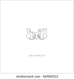 Hand drawing abstract valentine's day romantic greeting card. A couple of cats and a dog with a red heart in the center looking each other. For love cards, banners, posters. Vector illustration.