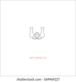 Hand drawing abstract valentine's day romantic greeting card. Two cats in a geometric position with a red heart in the center isolated on white. For love cards, banners, posters. Vector illustration