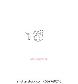 Hand drawing abstract valentine's day romantic greeting card. A cat and a dog with a red heart in the center looking each other on white. For love cards, banners, posters. Vector illustration.