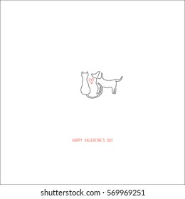 Hand drawing abstract valentine's day romantic greeting card. A cat and a dog with a red heart in the center looking each other on white. For love cards, banners, posters. Vector illustration.