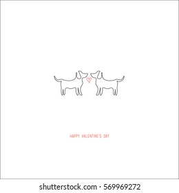 Hand drawing abstract valentine's day romantic greeting card. A couple of dogs with a red heart in the center looking each other on white. For love cards, banners, posters. Vector illustration.