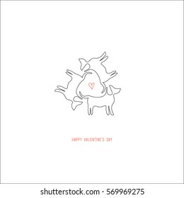 Hand drawing abstract valentine's day romantic greeting card. Three dogs in a geometric position with a red heart in the center isolated on white. For love cards, banners, posters. Vector illustration