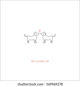 Hand drawing abstract valentine's day romantic greeting card. A couple of dogs with a red heart in the center looking each other on white. For love cards, banners, posters. Vector illustration.