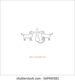 Hand drawing abstract valentine's day romantic greeting card. A couple of dogs and a cat with a red heart in the center looking each other. For love cards, banners, posters. Vector illustration.