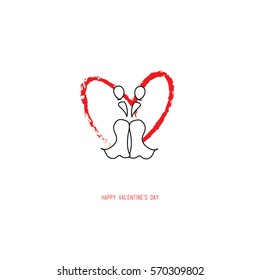 Hand drawing abstract valentine's day romantic greeting card. A lesbian gay couple with a red heart looking each other isolated on white. For love cards, banners, posters. Vector illustration.