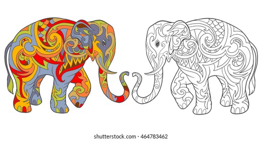 Hand drawing for adult coloring book, elephant page. 