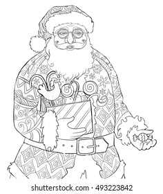 Hand drawing for adult coloring book, Santa Claus page. Linear doodle Christmas illustration. 