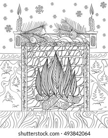 Hand drawing for adult coloring book. Fireplace decorated for Christmas.