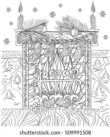 Hand drawing adult coloring book. Fireplace with socks decorated for Christmas.