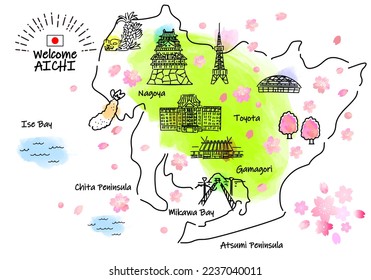 Hand, die AICHI JAPAN in der Touristenkarte Frühjahr zeichnet, Vektorgrafik