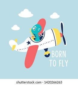 Hand drawing airplane and cute dinosaur vector illustration.