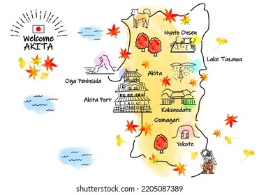 hand drawing AKITA JAPAN in Autumn tourist spot map. vector