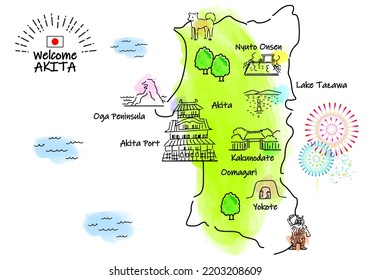 plano manual AKITA JAPÓN mapa de lugares turísticos, vector