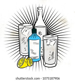 Hand drawing of alcoholic drinks. Line drawing in color.