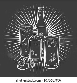 Hand drawing of alcoholic drinks. Line drawing in black and white.